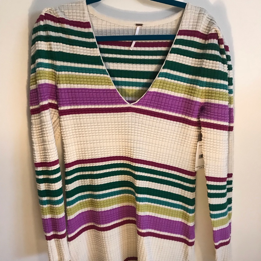 Free People Cream Waffle Knit Mini Dress with Green and Purple Stripes